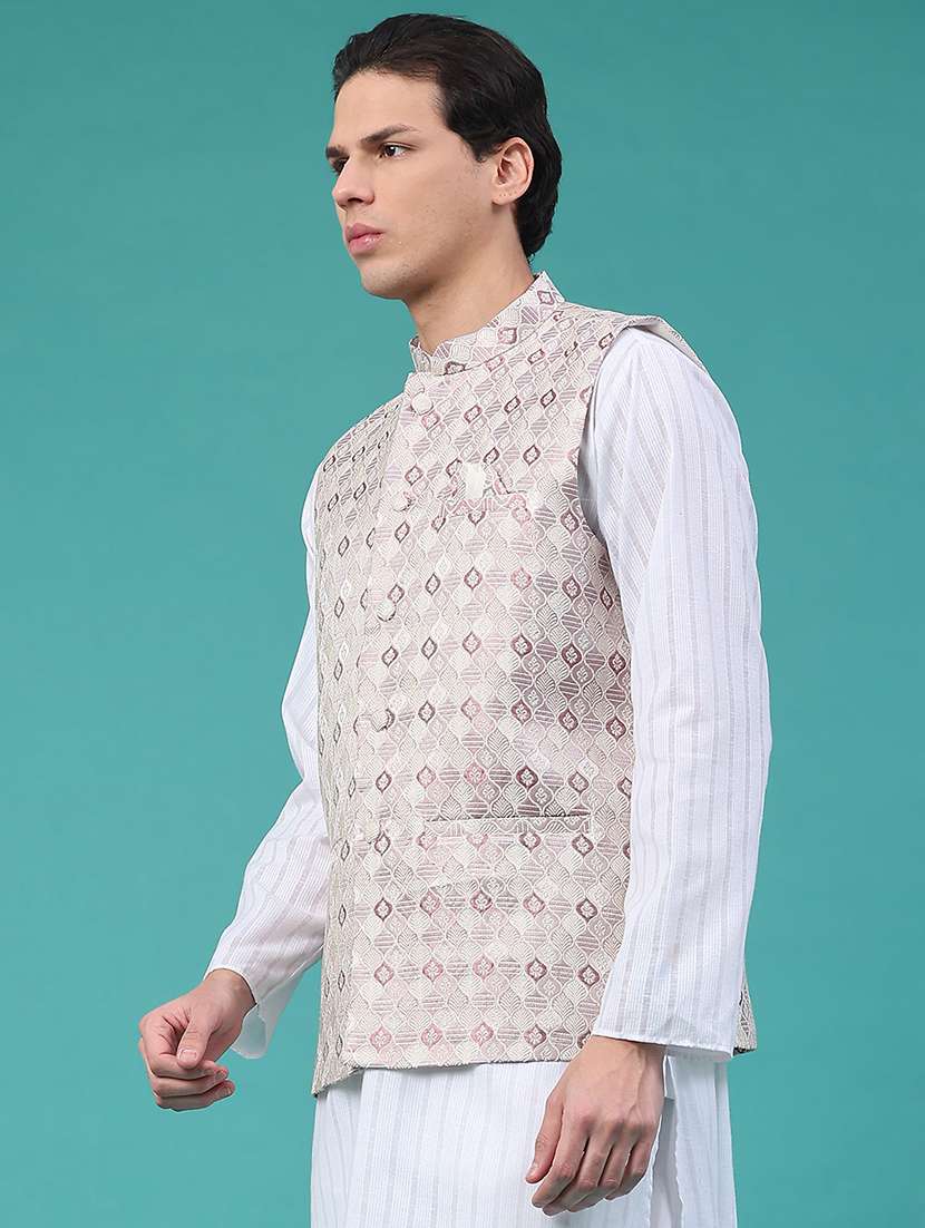 men self design mandarin neck nehru jacket - 22175552 -  Standard Image - 3
