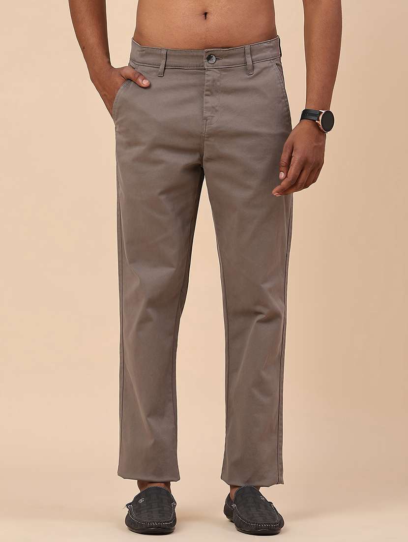 men grey cotton flat front casual trouser