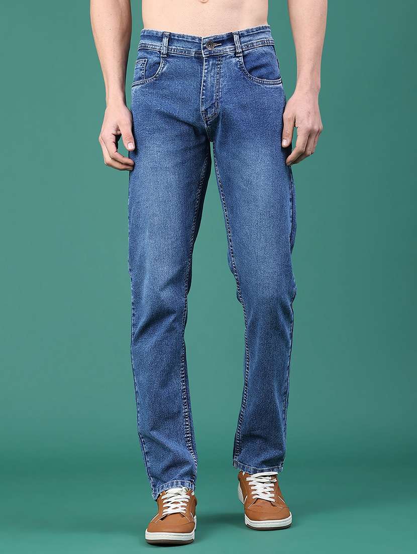 men washed mid rise full length tapered jeans