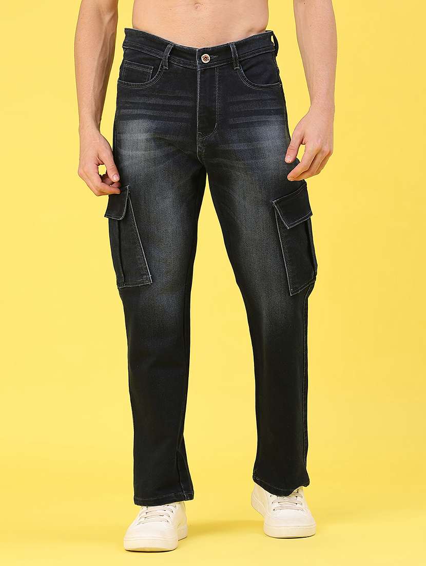 men washed mid rise regular fit cargo