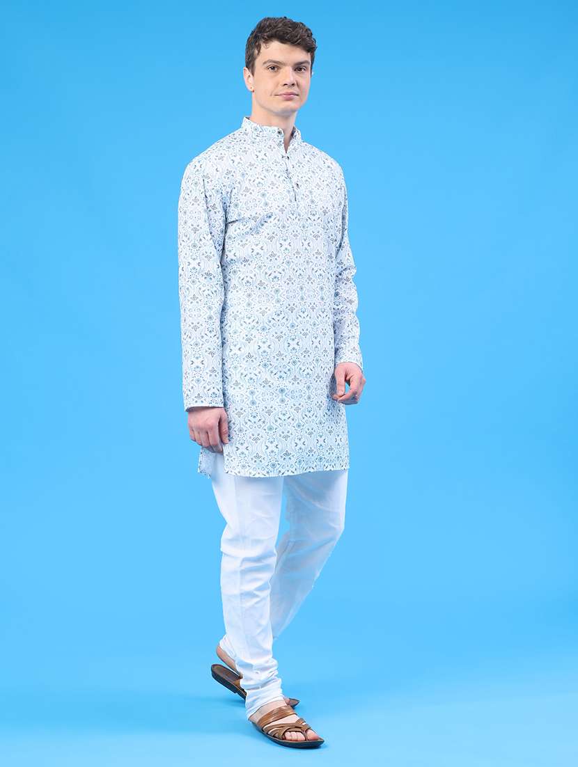 Men Printed Mandarin Neck Kurta Churidar Ethnic Wear Set - 22176378 -  Standard Image - 3