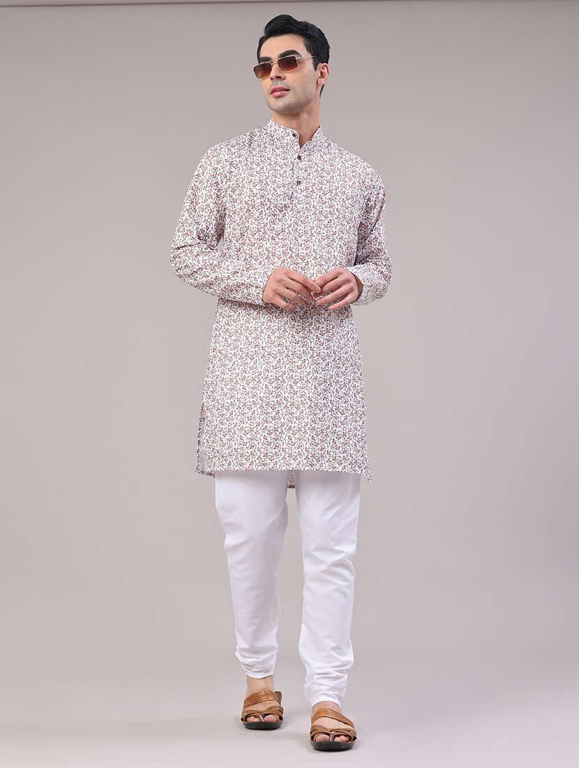 men printed mandarin neck kurta churidar ethnic wear set