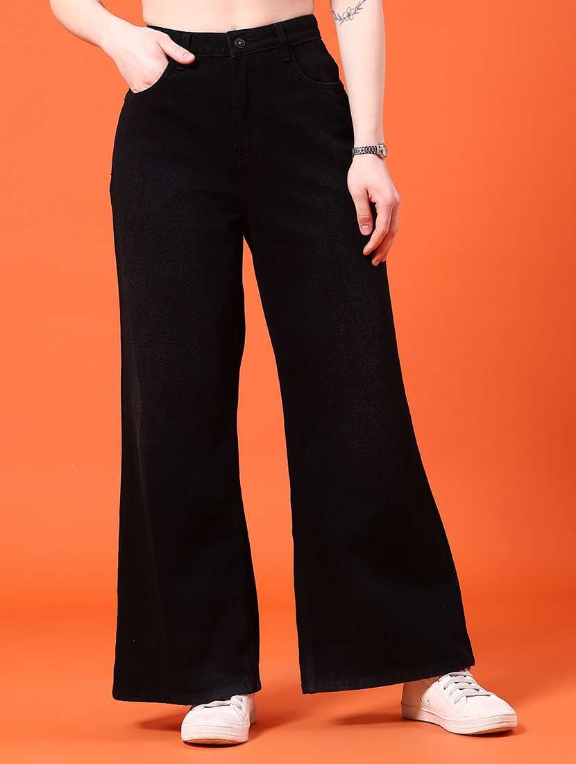 women plain mid rise wide leg jeans
