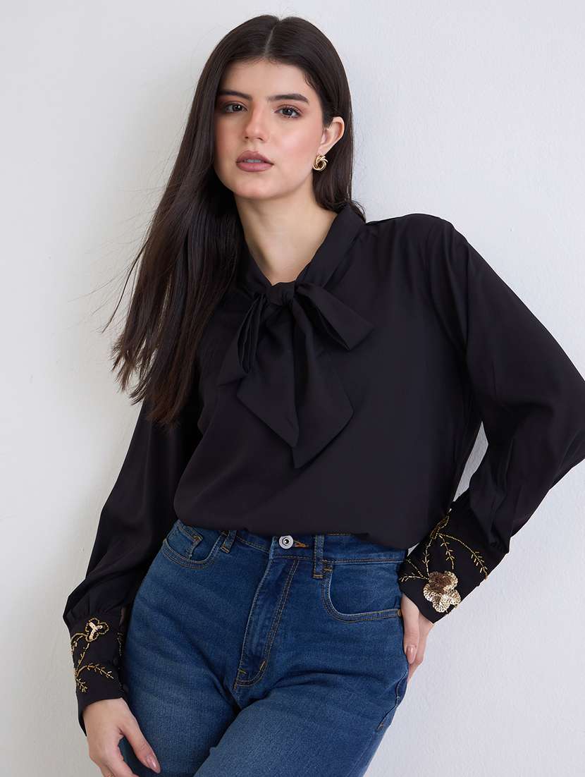 women solid tie-up neck long sleeve regular top