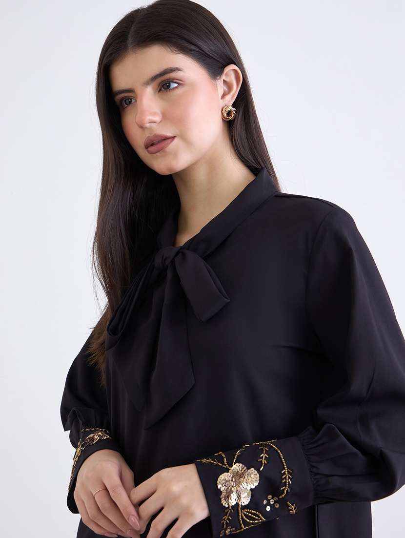 women solid tie-up neck long sleeve regular top - 22176576 -  Standard Image - 3