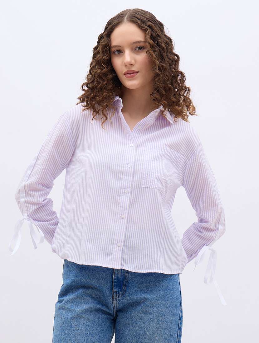 women striped collared long sleeve high rise shirt