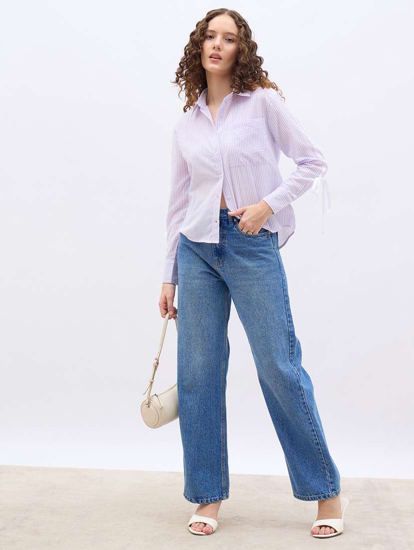 women striped collared long sleeve high rise shirt - 22176582 -  Standard Image - 3