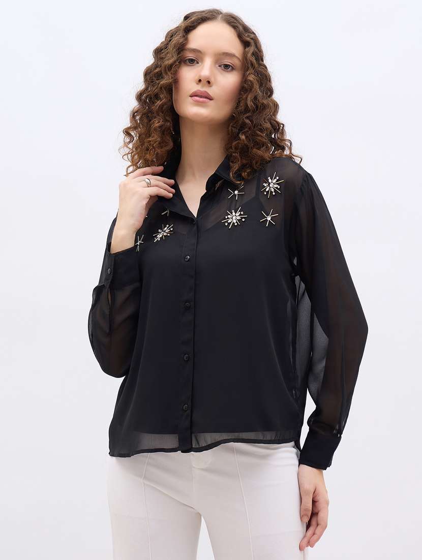 women embellished collared long sleeve regular shirt