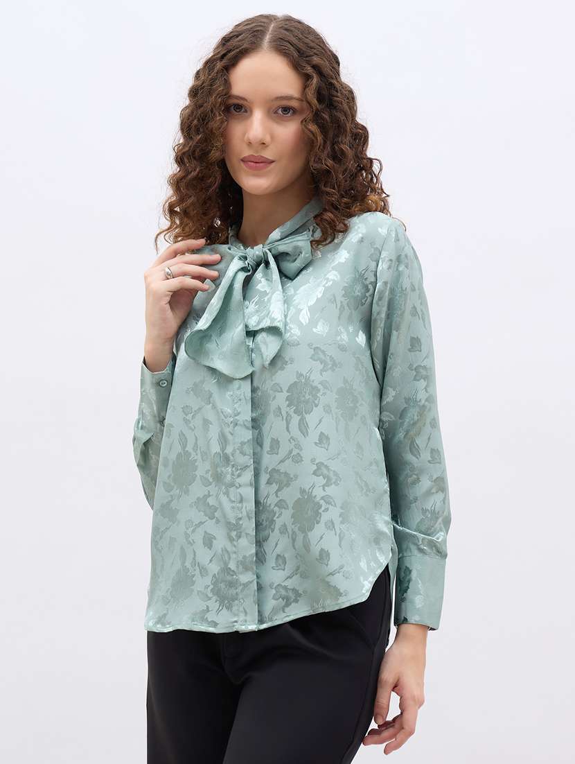 women self designed tie-up neck long sleeve shirt