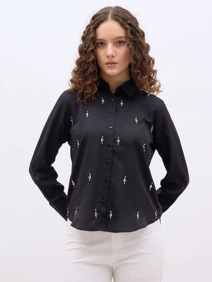 women emebllished collared long sleeve regular shirt