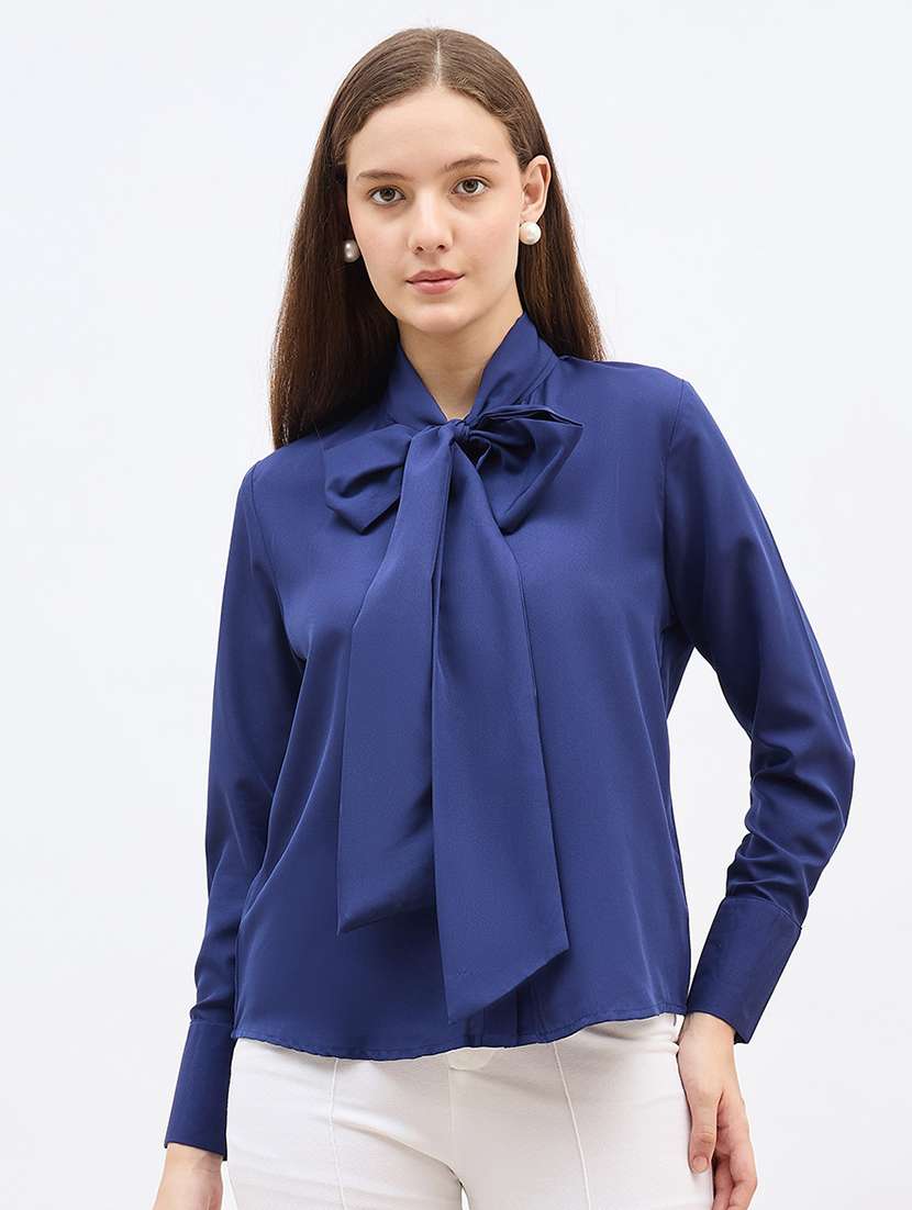 women solid tie-up neck long sleeve regular shirt