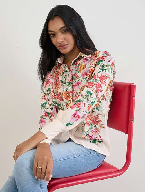 women floral print collared long sleeve regular shirt - 22176590 -  Standard Image - 0