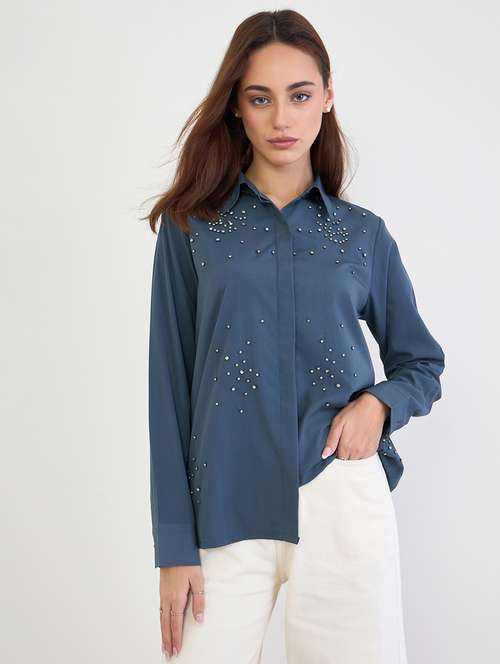 women embellished collared long sleeve regular shirt - 22176591 -  Standard Image - 0