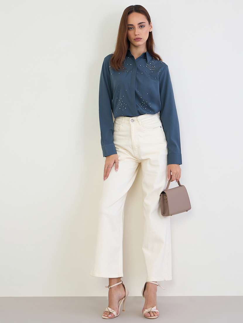 women embellished collared long sleeve regular shirt - 22176591 -  Standard Image - 3