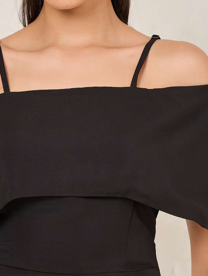 women black solid off shoulder strap a-line dress - 22176593 -  Standard Image - 3