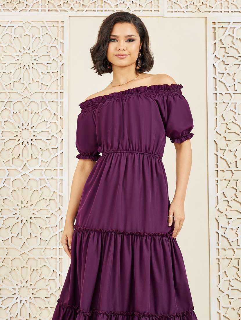 women purple solid off shoulder tiered dress