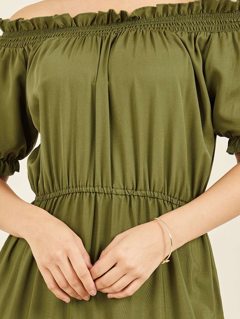 women olive solid off shoulder tiered dress - 22176595 -  Standard Image - 3