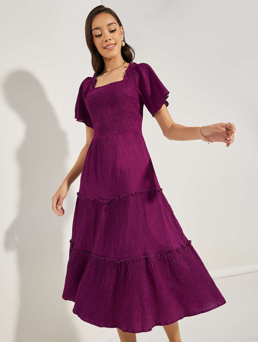 women solid puff sleeve tiered dress