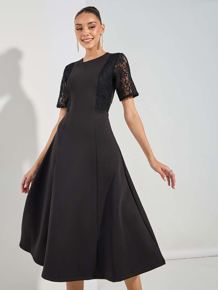 women black solid puff sleeve a-line dress