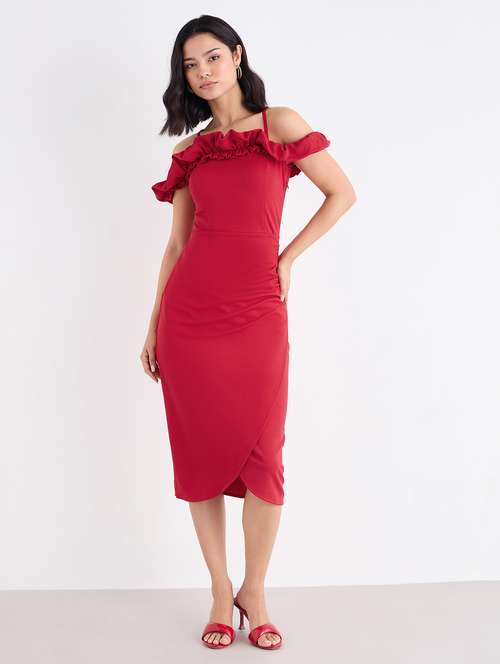 women red solid off shoulder sheath dress - 22176609 -  Standard Image - 0