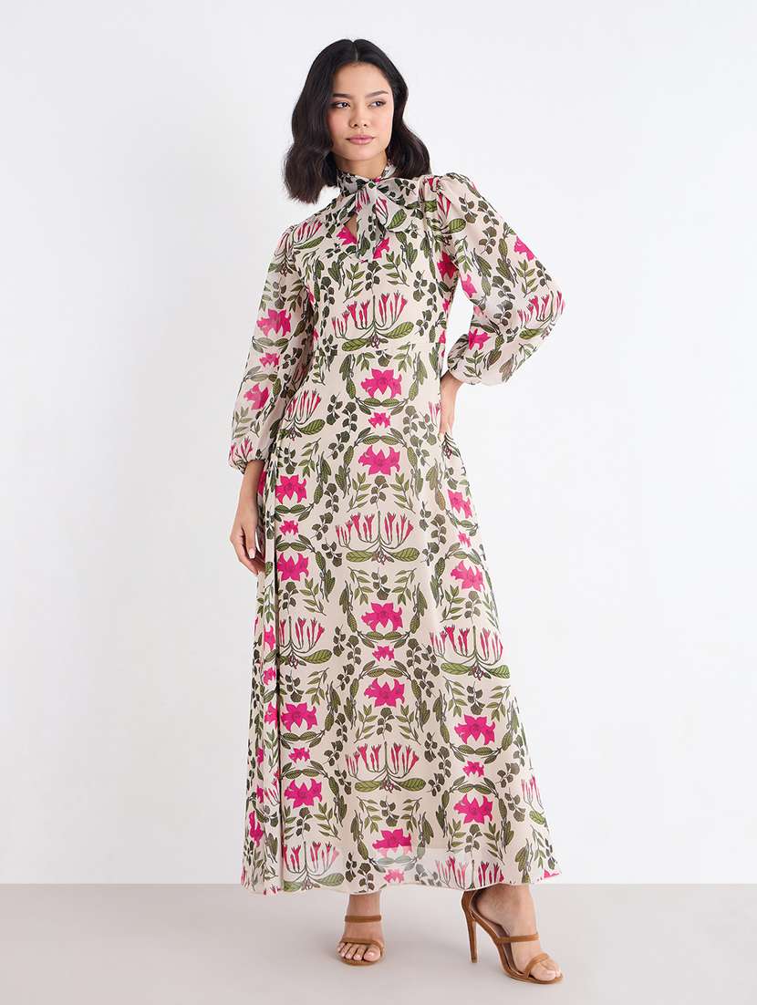 women printed tie up neck fit and flare dress - 22176618 -  Standard Image - 3