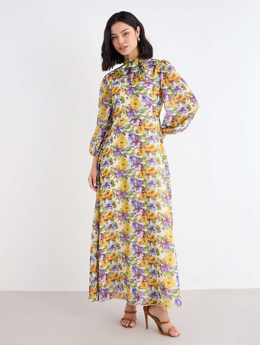women printed tie up neck fit and flare dress - 22176619 -  Standard Image - 3