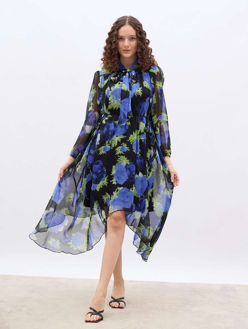 women printed tie up neck asymmetric dress - 22176631 -  Standard Image - 3