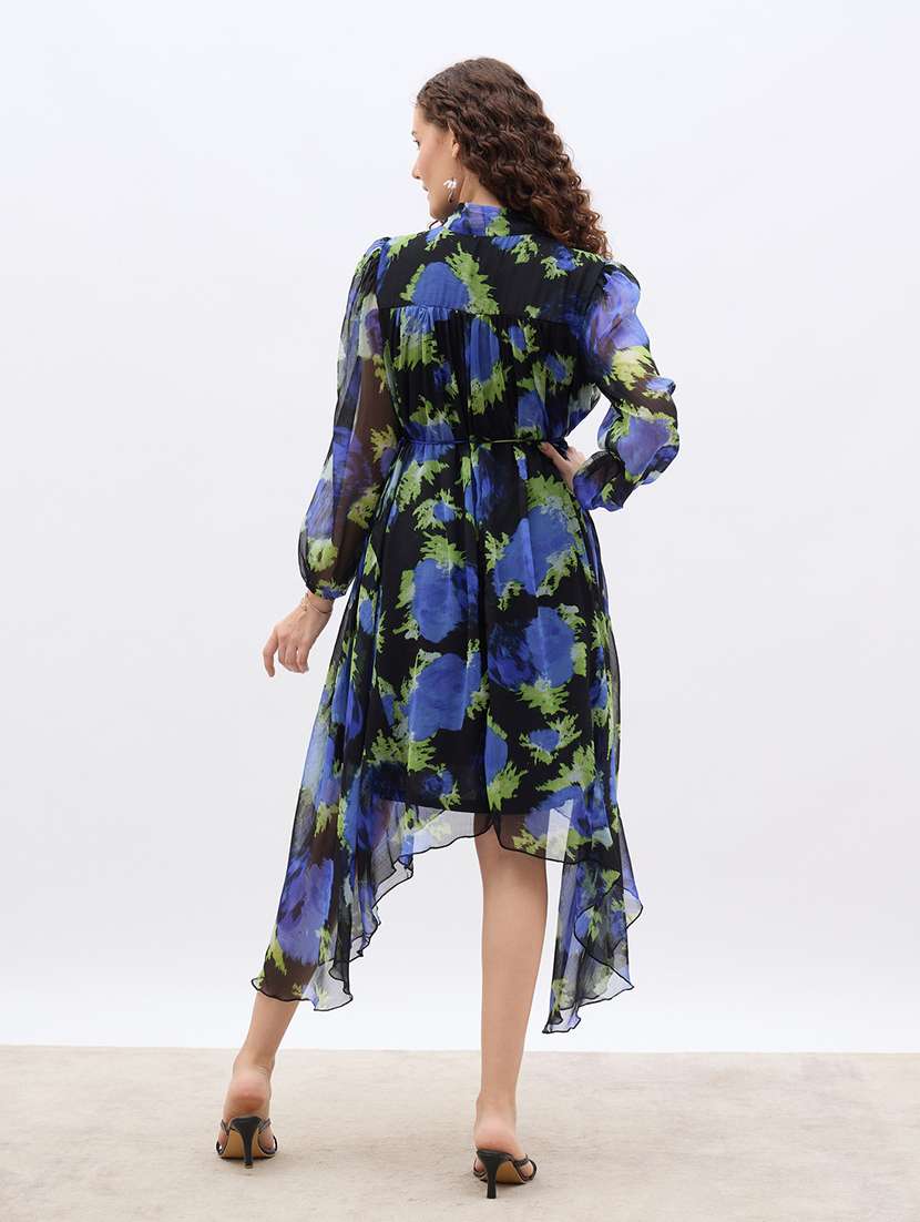women printed tie up neck asymmetric dress - 22176631 -  Standard Image - 5
