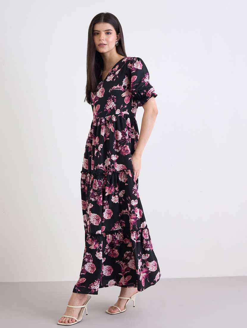women printed v neck tiered dress - 22176633 -  Standard Image - 3