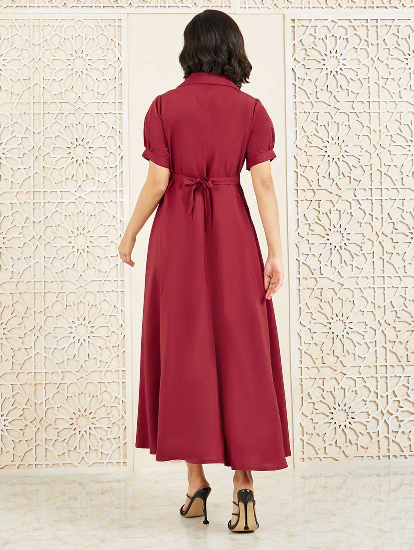 women solid collared fit and flare dress - 22176635 -  Standard Image - 3