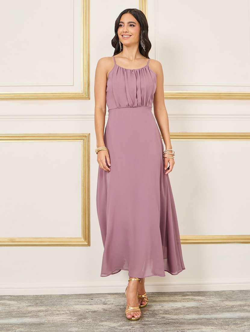 women solid halter neck fit and flare dress