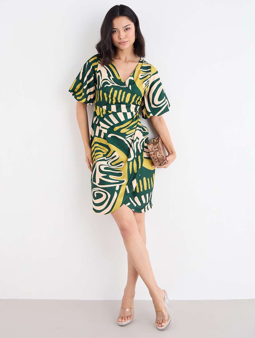 women printed overlap neck sheath dress
