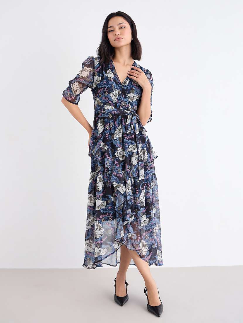 women printed overlap neck high low dress - 22176680 -  Standard Image - 3