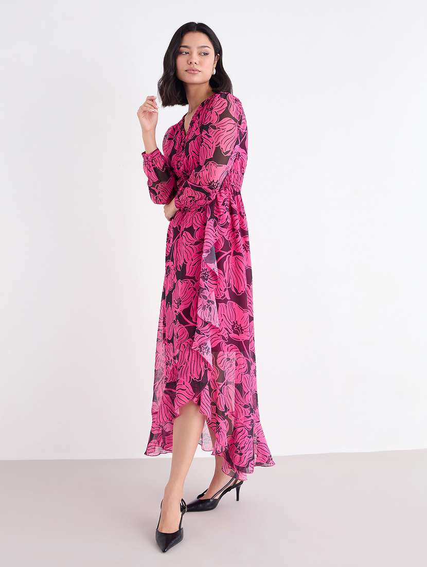 women printed overlap neck high low dress - 22176682 -  Standard Image - 3