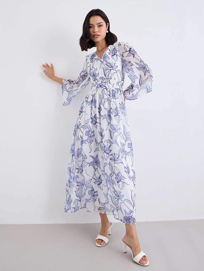 women printed v neck fit and flare dress - 22176683 -  Standard Image - 3