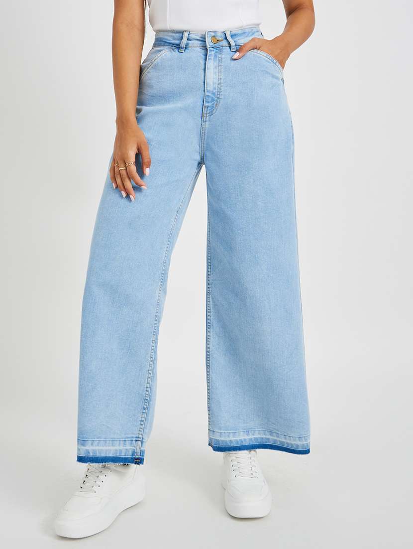 women solid high rise wide leg trouser