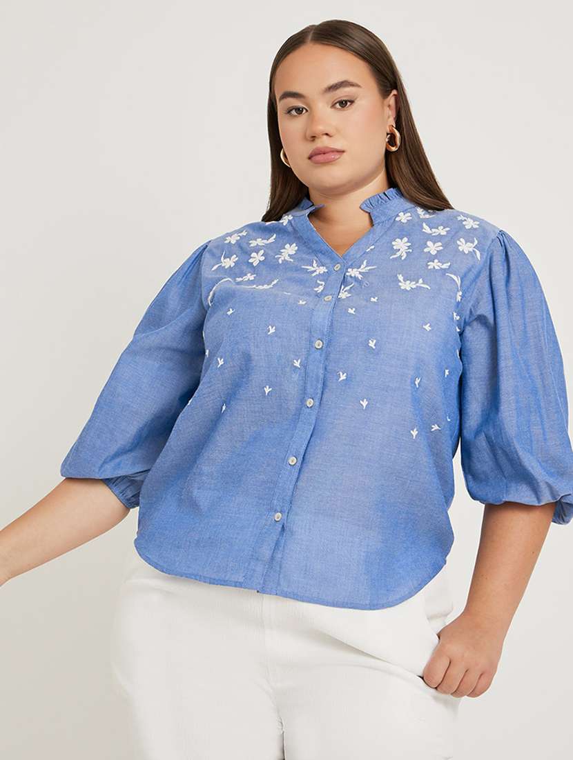 women plus size embroidered puff sleeve top