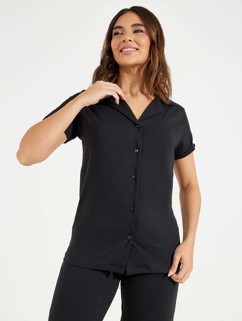 women solid short sleeve nightwear pyjma set - 22176778 -  Standard Image - 3