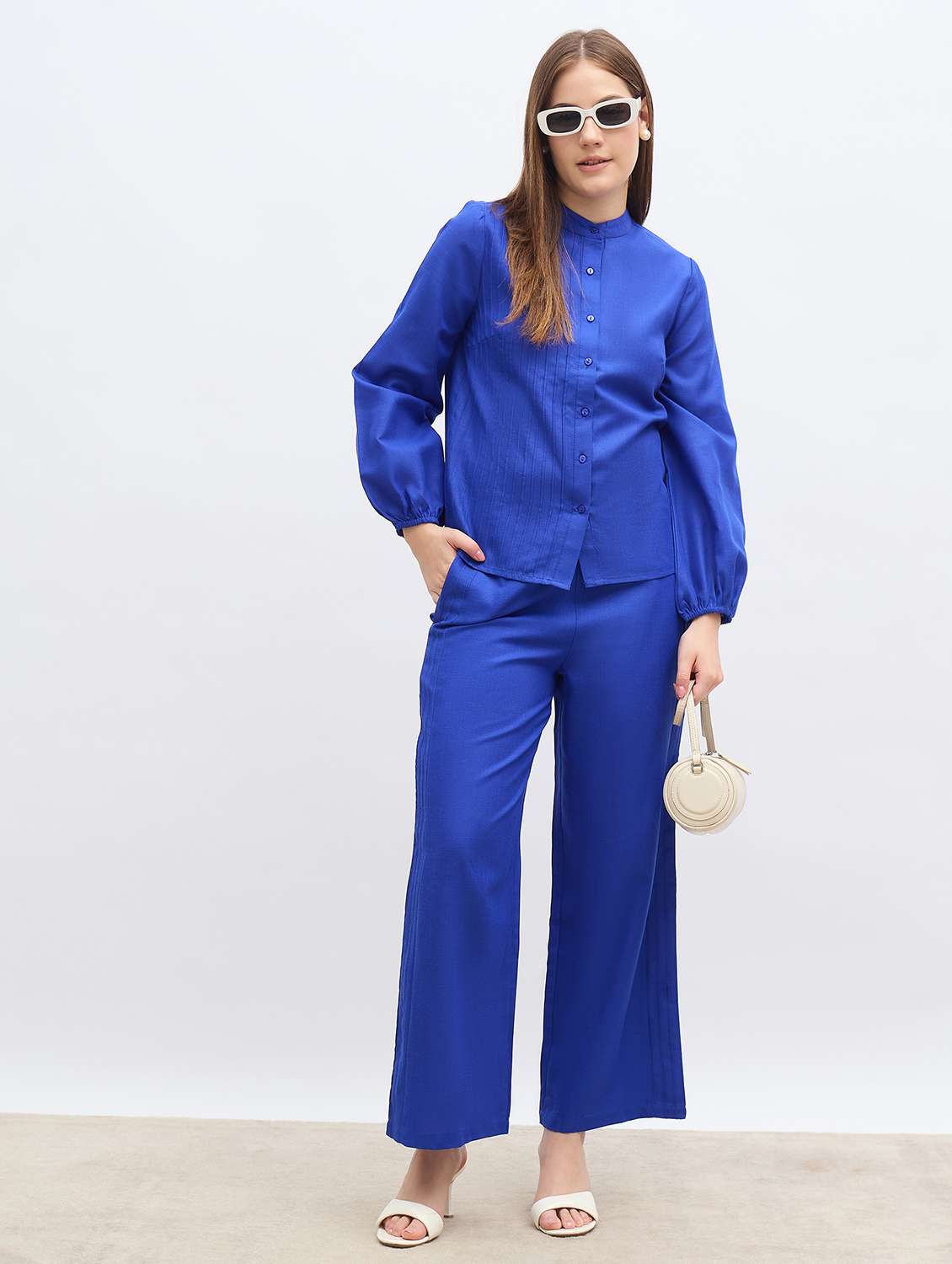 women solid shirt and trouser co-ord set