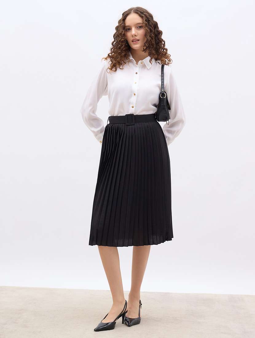 women black solid high rise pleated skirt - 22176792 -  Standard Image - 3