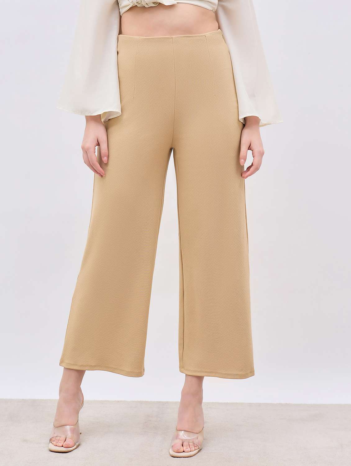 women solid high rise wide leg trouser