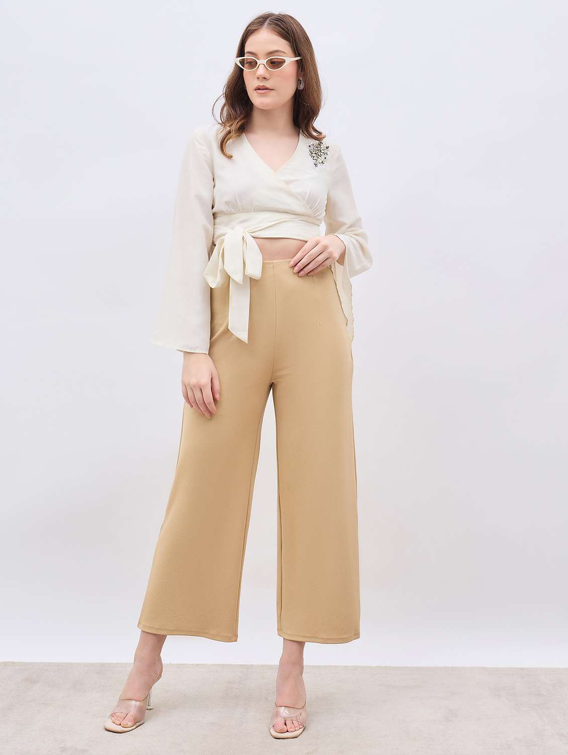 women solid high rise wide leg trouser - 22176798 -  Standard Image - 3