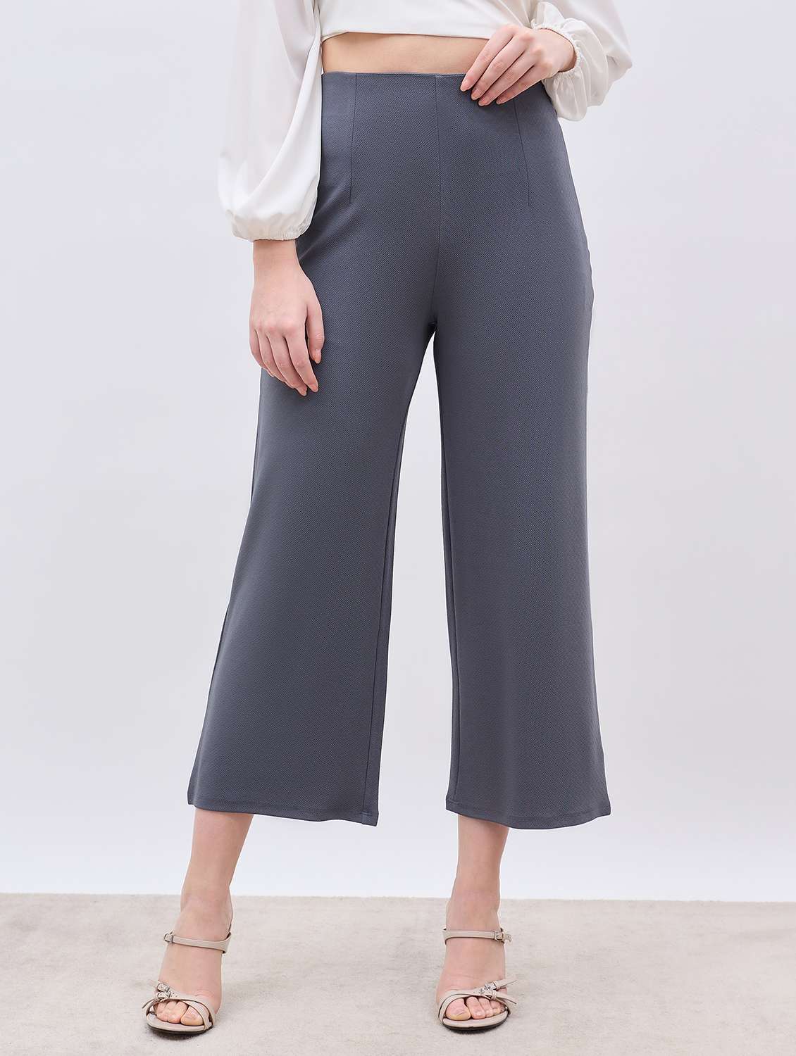 women solid high rise wide leg trouser