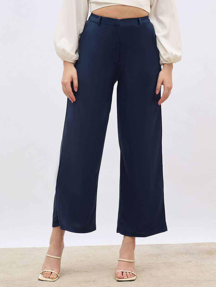 women solid high rise wide leg trouser