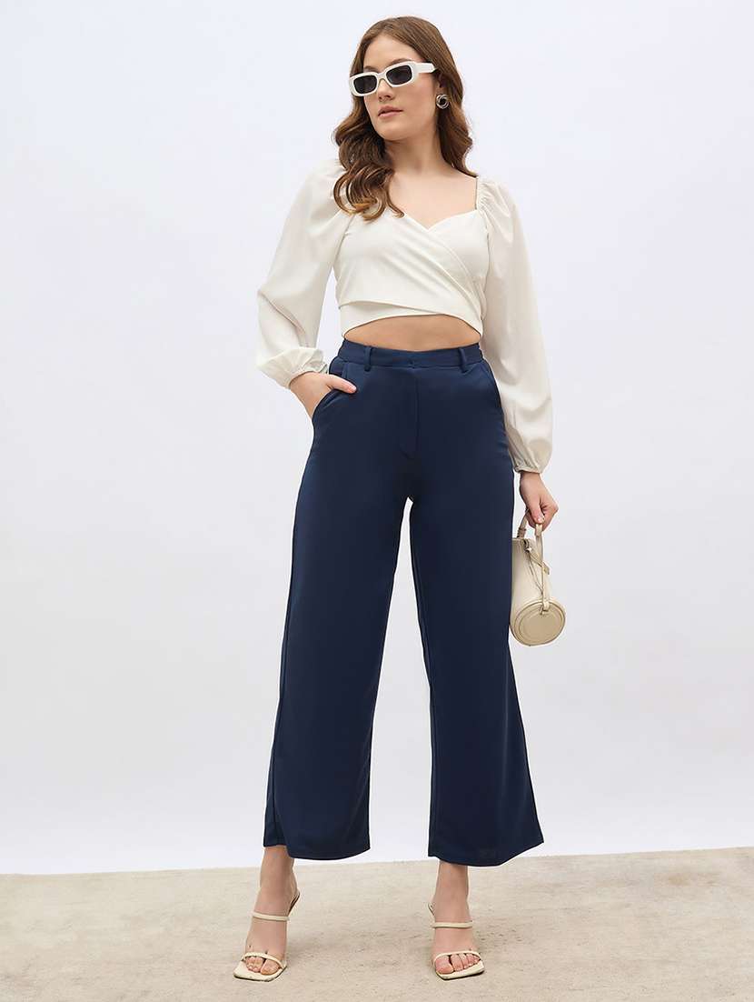 women solid high rise wide leg trouser - 22176803 -  Standard Image - 3