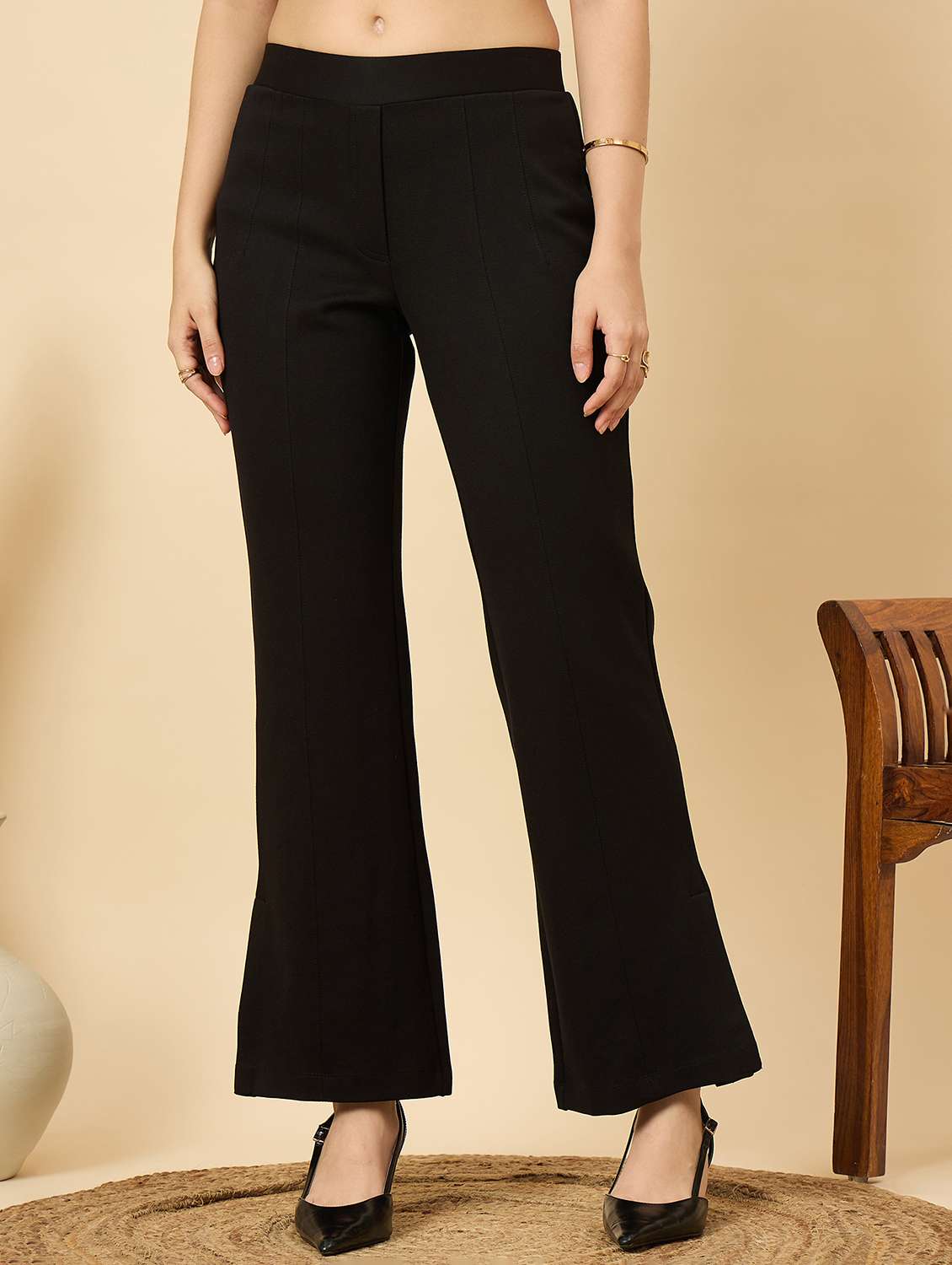 women solid mid rise bootcut trouser