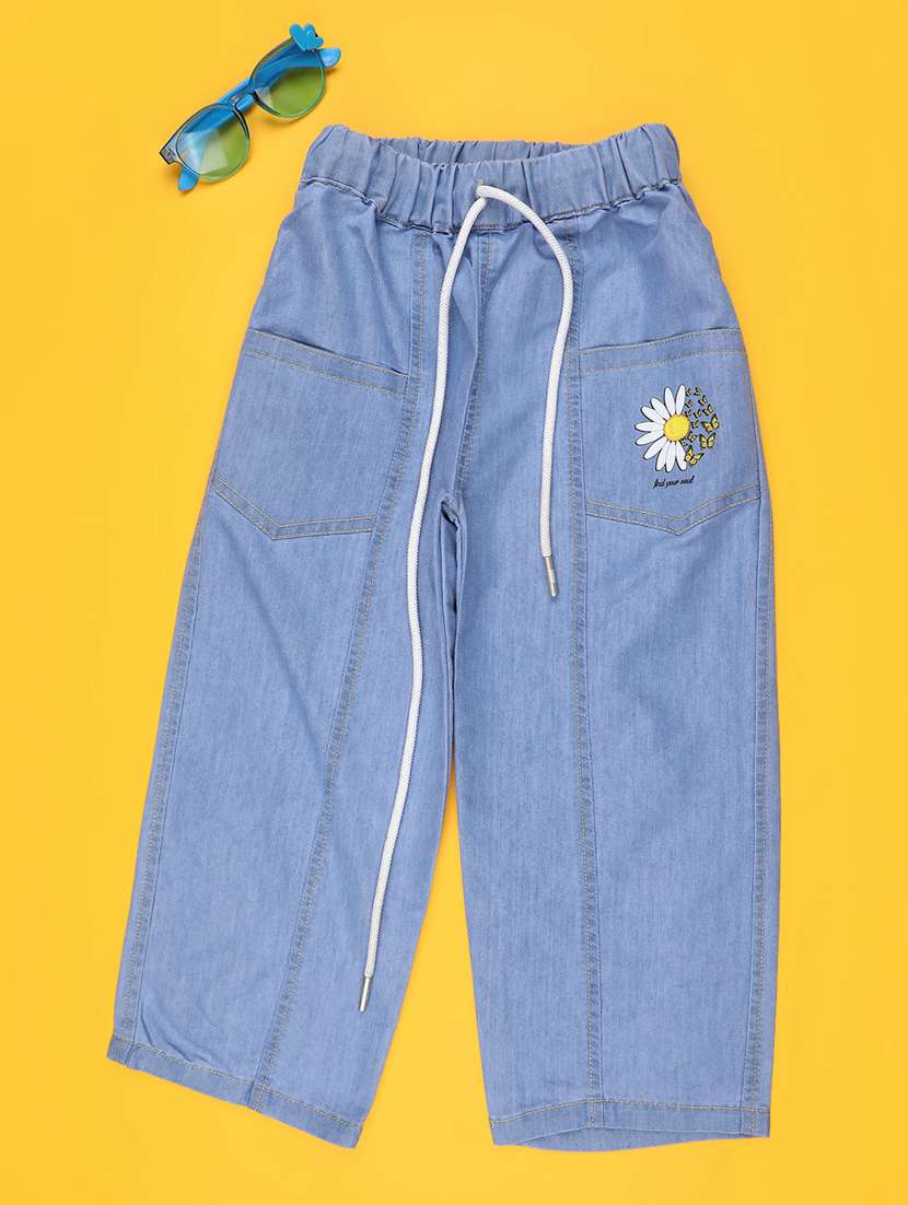 girls blue denim printed jeans