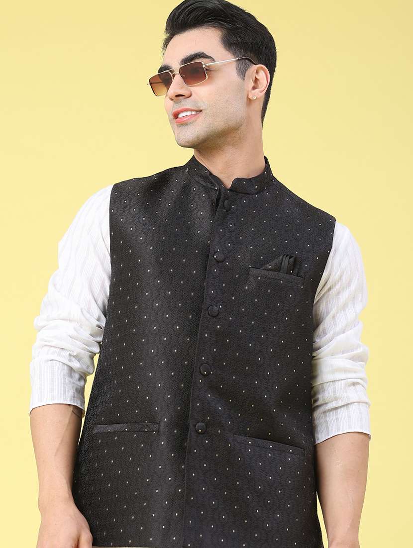 men self design sleeveless nehru jacket