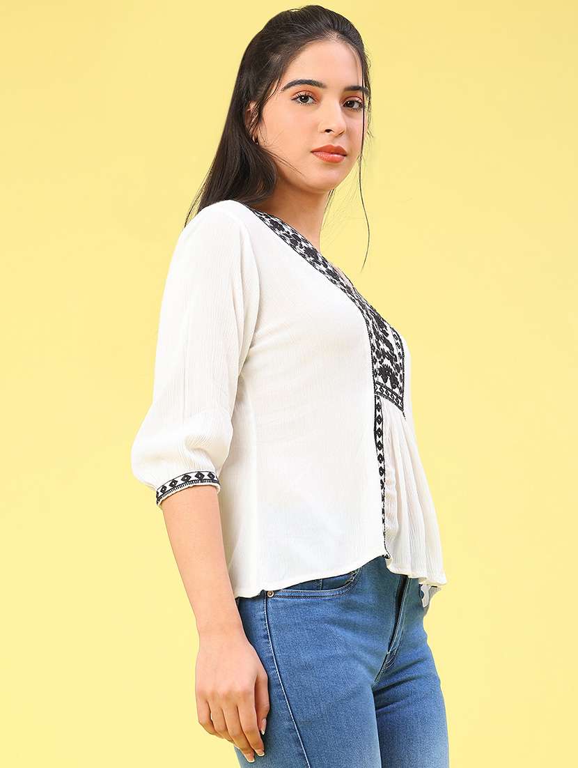 women solid with work three quarter sleeve top - 22176971 -  Standard Image - 3