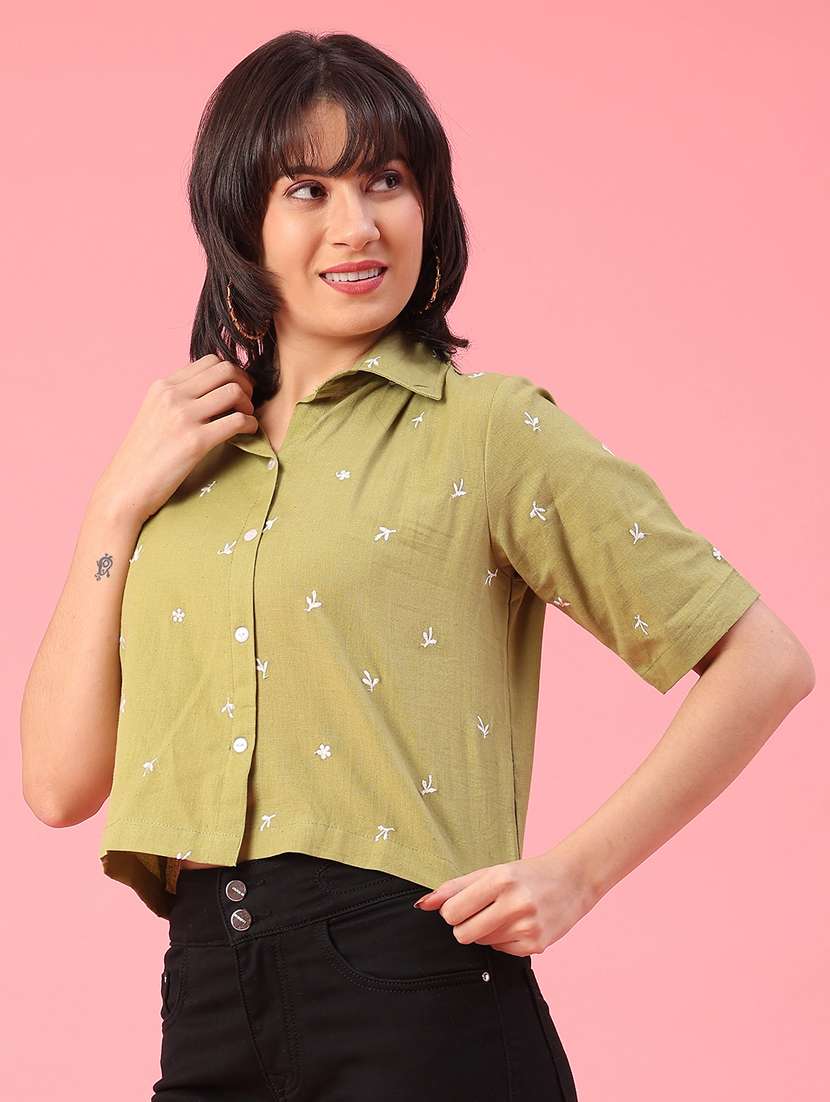 women solid with work collared crop shirt - 22176972 -  Standard Image - 3